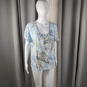 Alfred Dunner Women's Light Blue, V Neck, Shells Print Cotton Blouse. Size XL